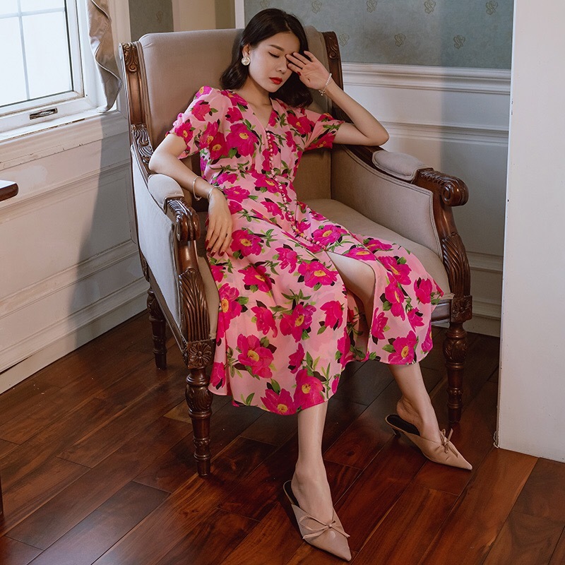 Bohemian Flowery Beach Style Dress Women V neck Button Decorative Floral Print Boho Casual Slip Fashion 210421