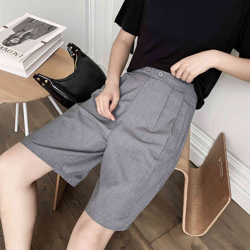 summer loose casual straight outer wear high-waisted Hong Kong-style suit five points thinner wide-leg shorts women 210429