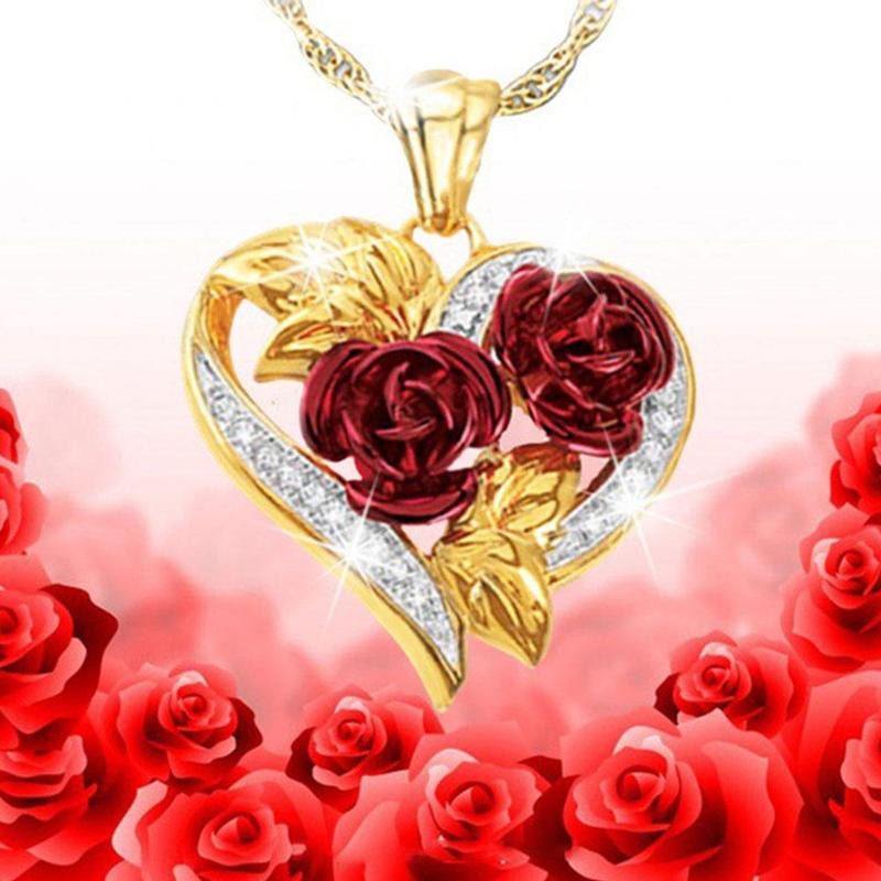 Love Rose Necklace Gold 3D Heart Shaped Pendant with Heart-Shaped Chain Necklace Rose Double