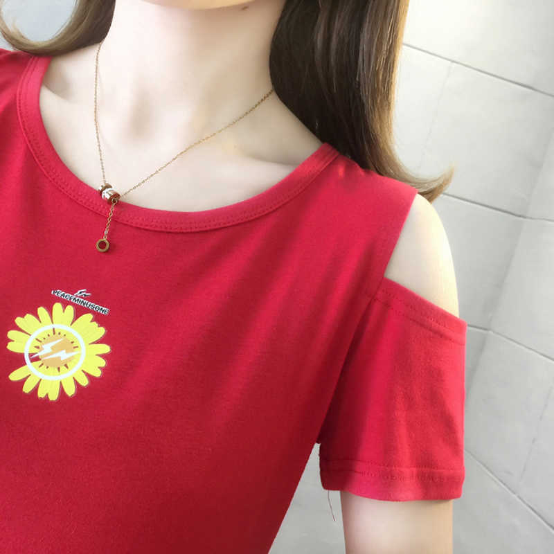 Floral Print T Shirt Slim Hole T- Women Clothes Summer Off Shoulder Tops Short Sleeve Tshirt Cotton Tee Femme 210615Z