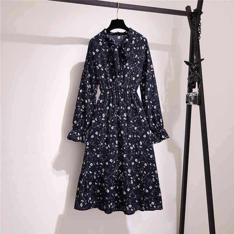 Robe Spring Long Sleeve Vintage Floral Chiffon Dress Elegant Bow High Waist Pleated Maxi Summer 8824 50 210427