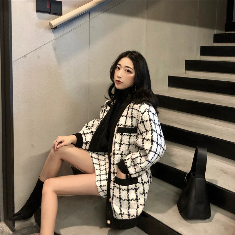 Autumn Winter Fashion 2 Piece Set Women Long Sleeve Tweed Wool Jacket Coat+Mini Skirt Ladies Vintage Clothing s 210519