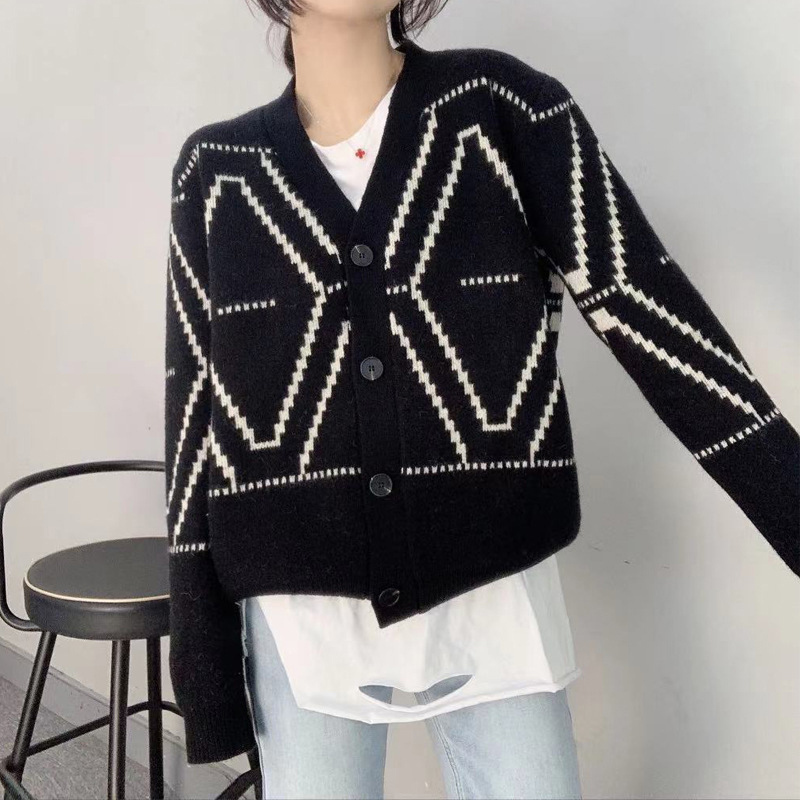 Knitted Cropped Cardigan Women Spring Autumn Korean Style Red Argyle Long Sleeve Female Sweater Knitwear Short 210421