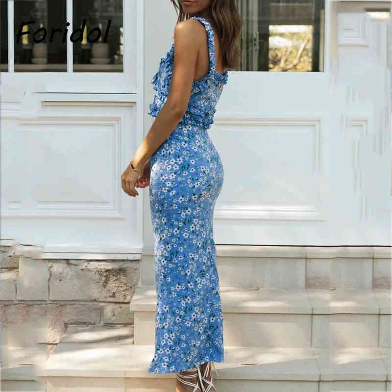 Foridol Floral Print Long Dress Set Suits Women Summer Sleeveless Boho Beach Blue Dress Casual Bodycon Australia Dress 210415