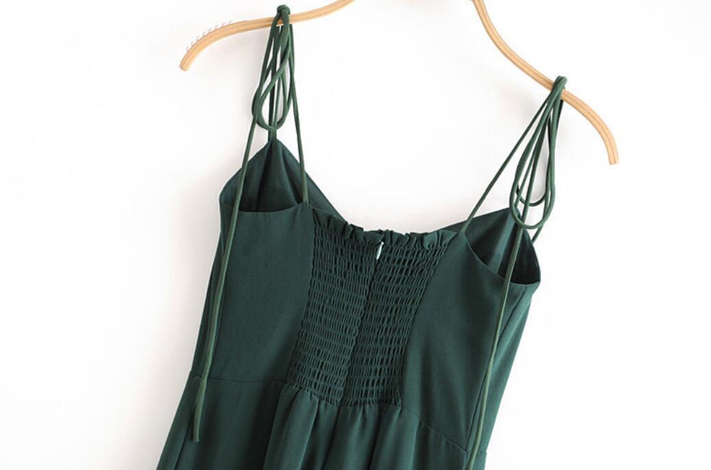 French Women Dress Solid Green Color Bandage Lacing up Spaghetti Strap Mid-Calf Slit Dresses Party Fashion Female Clothes 210429