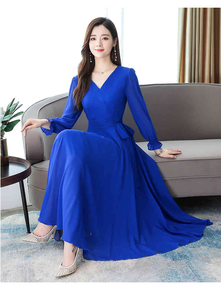 Plus Size S-3XL Autumn Bohemian Long Dress Women's Bowknot Sexy V-Neck Sleeve Women Chiffon Beach Vestidos 210519