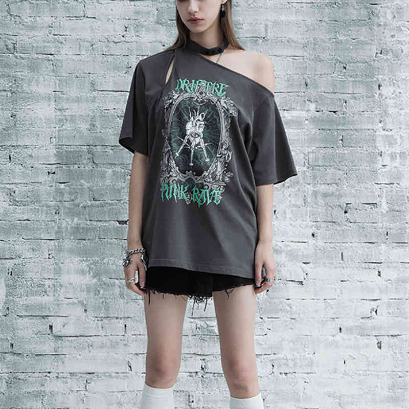 Personality Cartoon Tops Womne's Summer Halter Loose Thin Short Sleeve Off Shoulder T-shirt Female 5C812 210427