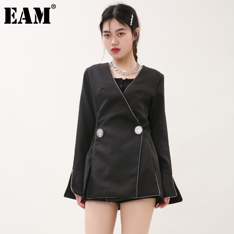 [EAM] Women Black Vent Temperament Blazer V-collar Long Sleeve Loose Fit Jacket Fashion Spring Autumn WD618 210512