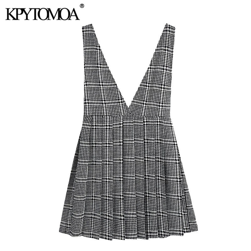 Women Fashion Pleated Houndstooth Pinafore Skirt V Neck Side Zipper Adjustable Straps Female Skirts Mujer 210420