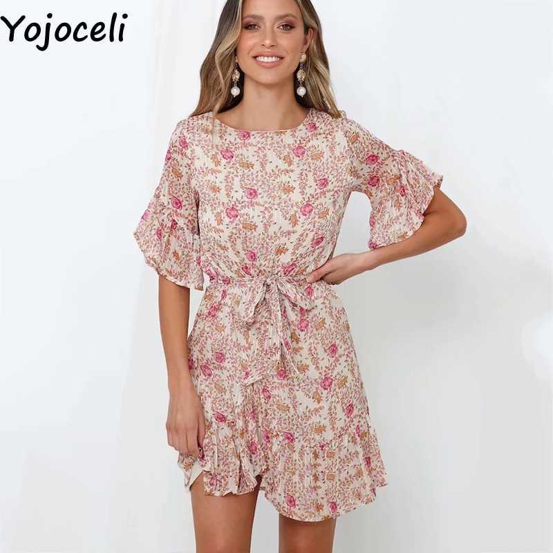 Yojoceli Sexy print ruffle sashes dres Summer elegant casual beach short Female cute daily vestidos 210609