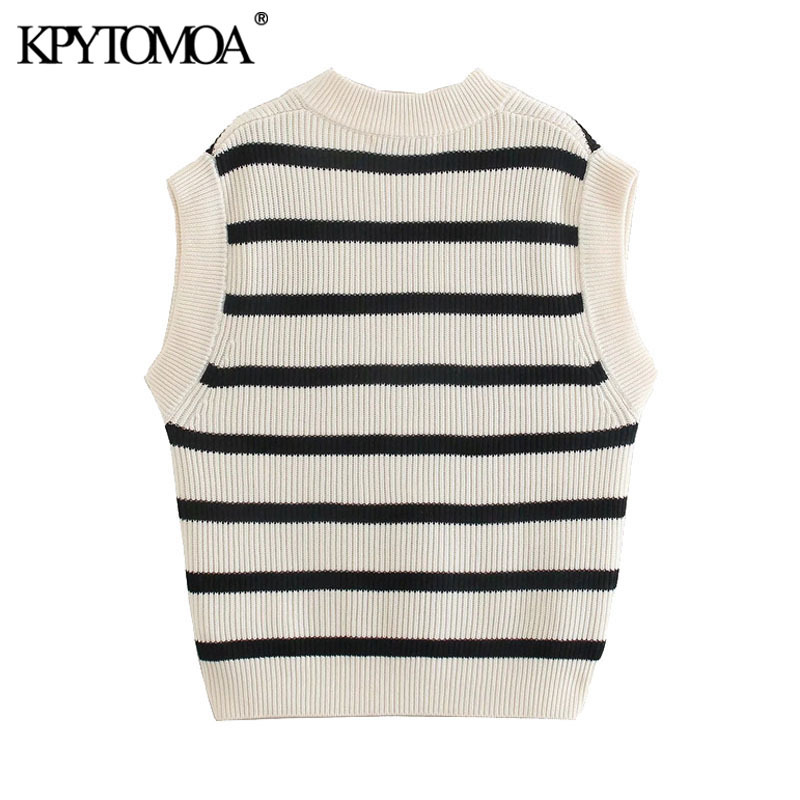 Women Fashion Oversized Striped Knitted Vest Sweater V Neck Sleeveless Female Waistcoat Chic Tops 210420