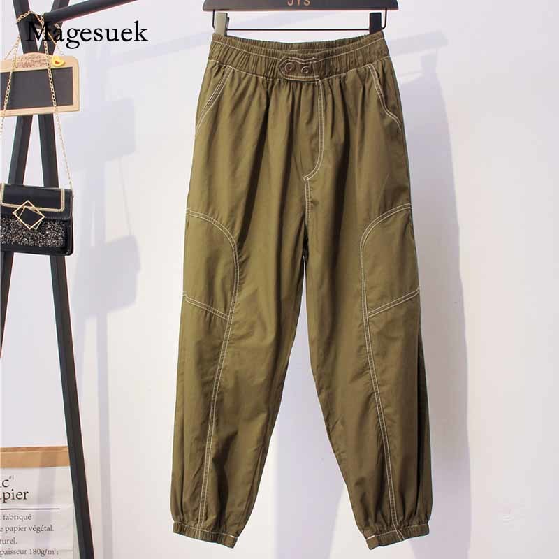 Solid Elastic Waist Beam Feet Baggy Pants for Women Cotton Long Casual High Cargo Loose 10654 210518