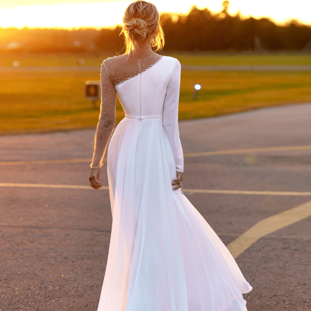 Sexy Boho White Ivory Wedding Dress 2021 Long Sleeves O Neck Beading A Line Chiffon Bride Gown Slit Bridal Dresses
