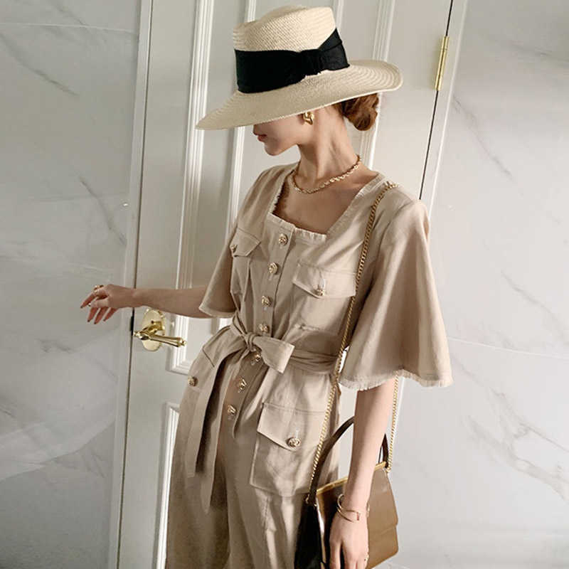 Korejpaa Women Jumpsuits Summer Retro Temperament Square Collar Raw Edge Stitching Lace-Up Waist Flared Sleeve Jumpsuit 210526