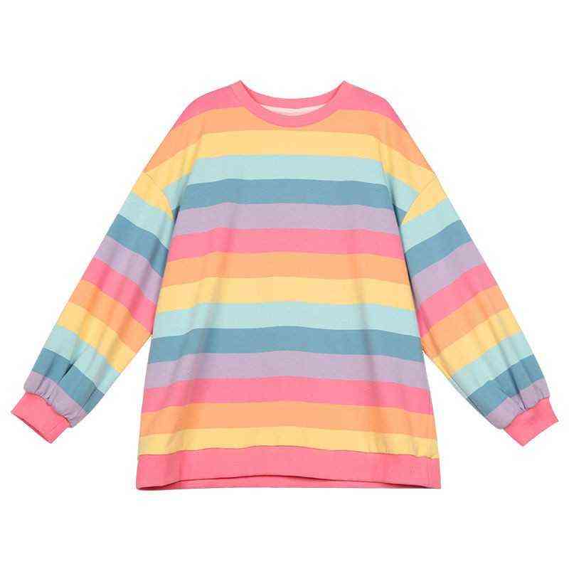 Harajuku Style Kpop Striped Loose Sweatshirt Women Spring Long Sleeve Pullover Kawaii Clothes Colorful Rainbow Student Girl Tops 211108