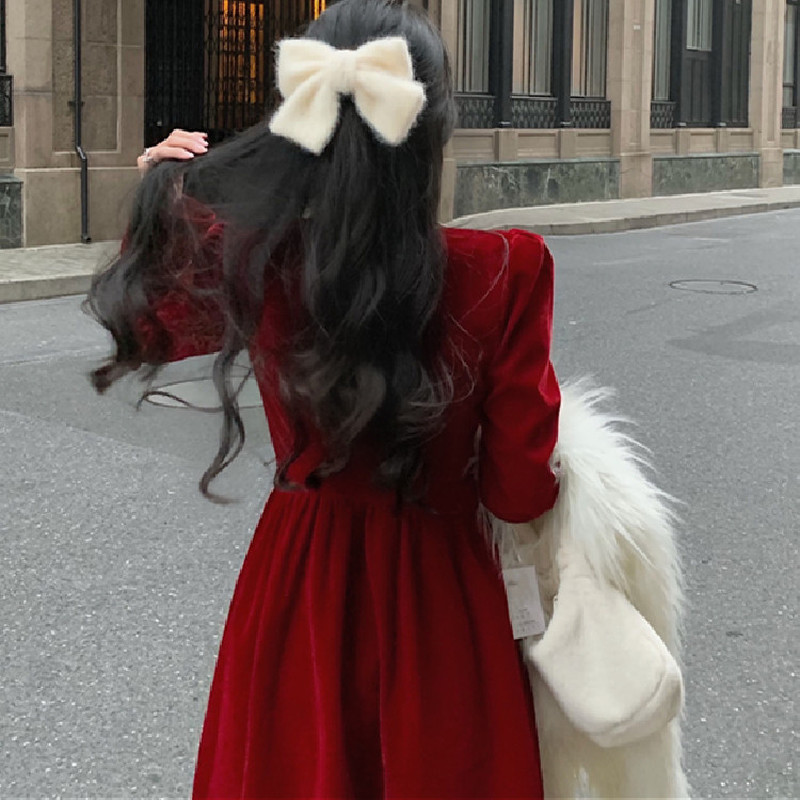 Vintage Midi Dress Women Spring Long Sleeve Bow Square Collar Dress Korean Party French Elegant Dress Female 210521