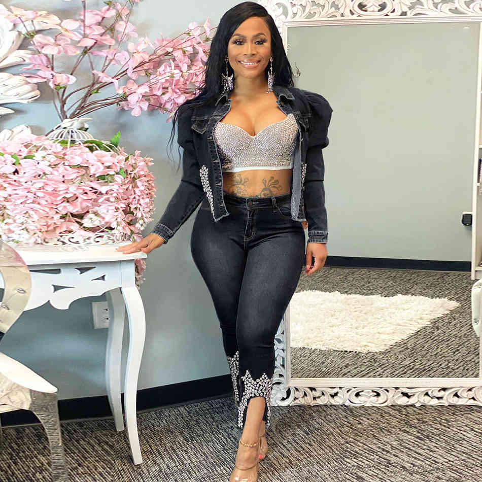 Free Elegant Women's Beaded Denim Suit Lapel Long Sleeve Single-breasted Jacket & Pencil Pants Two-Piece Set 210524