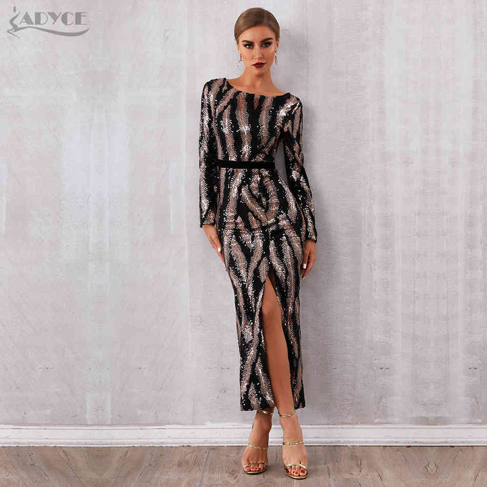 Autumn Sequin Celebrity Evening Runway Party Dress Women Sexy Backless Maxi Long Sleeve Night Club Bodycon 210423