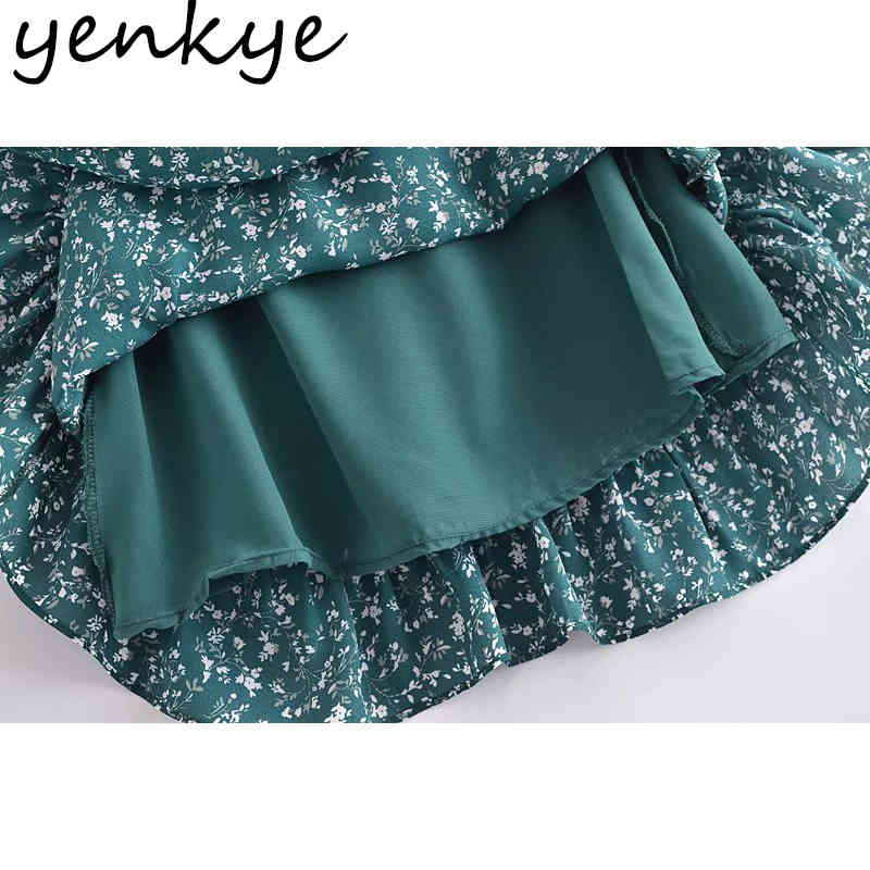 Vintage Green Floral Print Dress Women O Neck Short Sleeve A-line Holiday Summer Chiffon Ruffle Vestido 210430