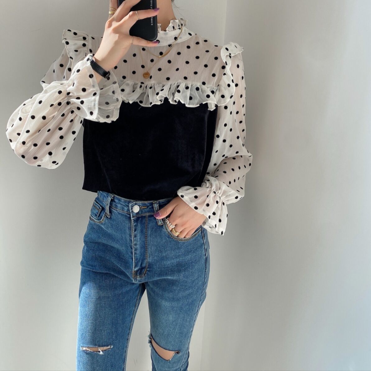 Polka Dots Mesh Work Wear Stylish Blouse Brief Office Lady Basic Elegance Patchwork Women Slim Gentle Shirts 210421