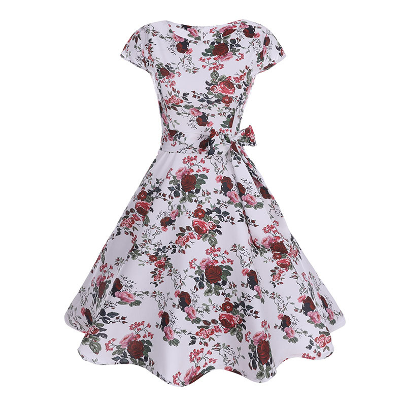 Women Summer Floral Dress 50s Vintage Casual Elegant Print O Neck Party Work Office Dress Retro Rockabilly Vestidos 210406