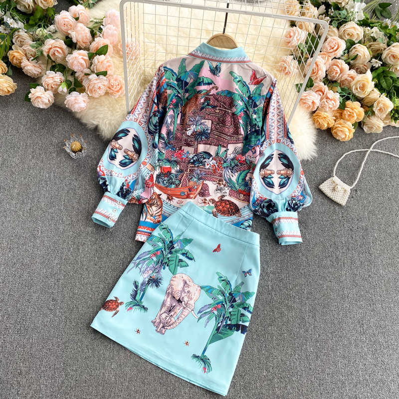 DEAT Spring Lapel Bubble Sleeve Shirt High Waist Slim Skirt With Elastic Waist Vintage Print Two Piece Set MZ132 210708