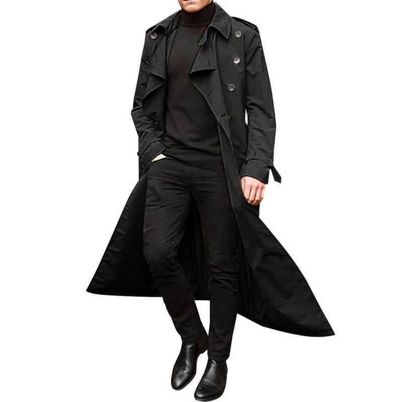 spring autumn men's long windbreaker solid color fashion casual jacket lapel double-breasted male trench coat overcoat 210819