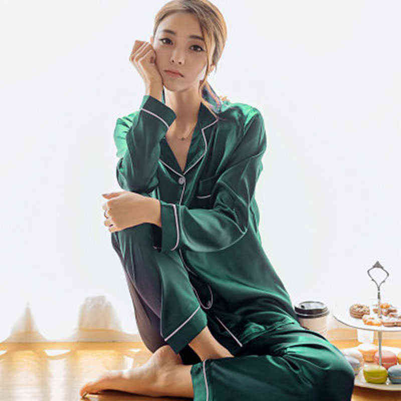Women's Pajamas Summer Sleep Silk For Satin Set Sleepwear Sets 2 Pieces Long Sleeve Women's Home Wear Nightie Clothes 211109