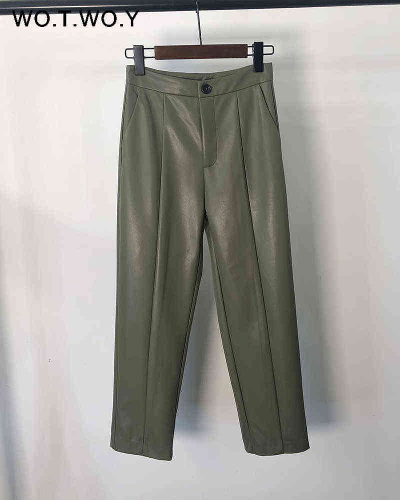 WOTWOY Elegant Spliced PU Leather Pant High Waist Office Lady Fomal Trousers Female Black Straight with Pockets 211124Z