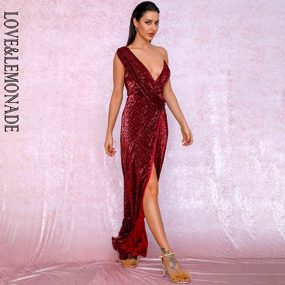 LOVE&LEMONADE Sexy Deep Red Deep V-Neck Whit Split Sequins Party Maxi Dress LM81849 210331