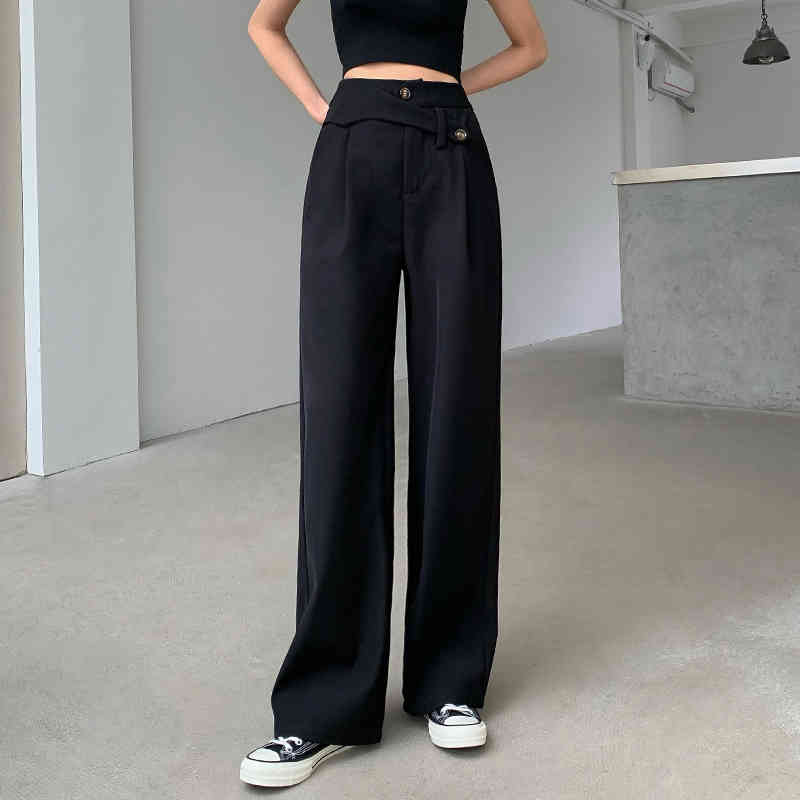 Women Office Lady Straight Plus Size S-L OL Minimalist High Waist Wide Leg Work Wear Pants Solid Trousers 210421