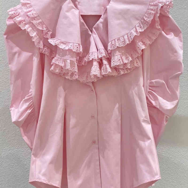 Nomikuma Sweet Elegant Double Lace Peter Pan Collar Blouse Top Causal Puff Sleeve Korean Women Shirt New Blusas Mujer 6G916 210427