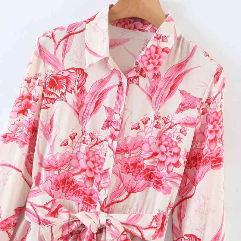 Casual Woman Red Printed Sashes Long Cotton Shirt Dress Spring Fashion Ladies Holiday es Female Elegant 210515