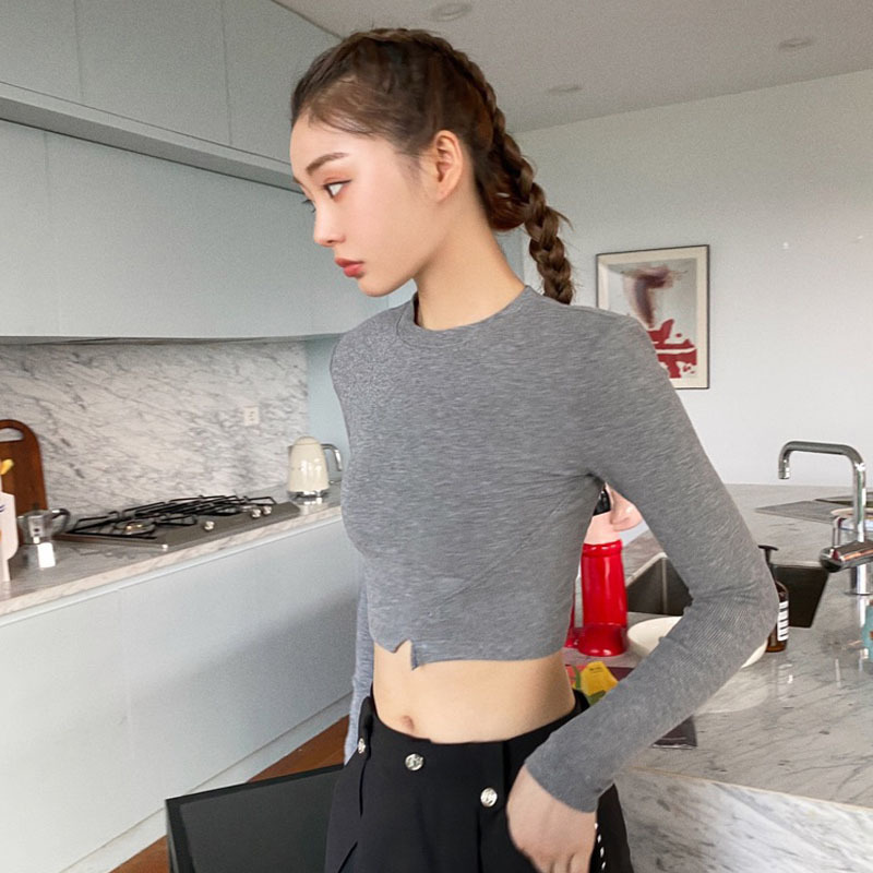 Autumn Grey Long Sleeve T-shirt Female Loose Temperament Crop Top Cotton O-neck Slimming Short Ropa De Mujer 11910 210427