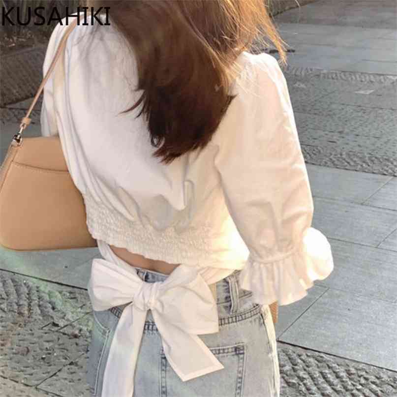 Bow Bandage Slim Waist Crop Top Blouse Korean Short Sleeve V-neck Shirt Summer Blusas Mujer De Moda 6J657 210603, White
Bow Bandage Slim Waist Crop Top Blouse Korean Short Sleeve V-neck Shirt Summer Blusas Mujer De Moda 6J657 210603, White
