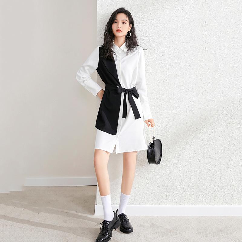 Fashion Shirt Dress Women 2021 Black White Patchwork Long Sleeve Turn Down Collar Single-breasted Short Mini Casual Dresses