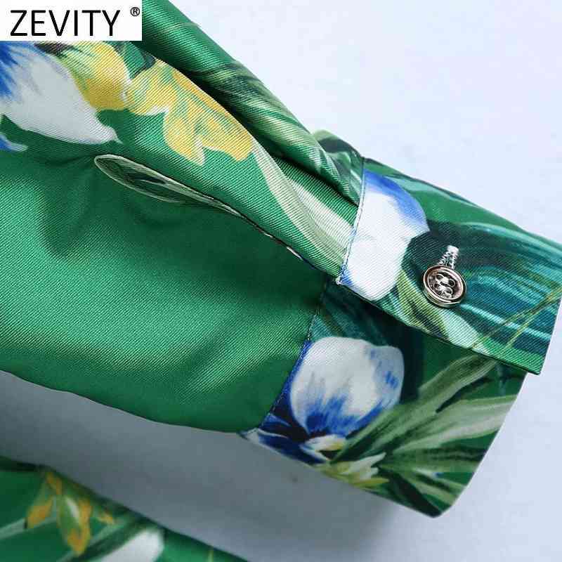 Zevity Women Vintage Green Flower Print Casual Slim Satin Shirt Dress Female Chic Side Split Sashes Kimono Vestidos DS8116 210409