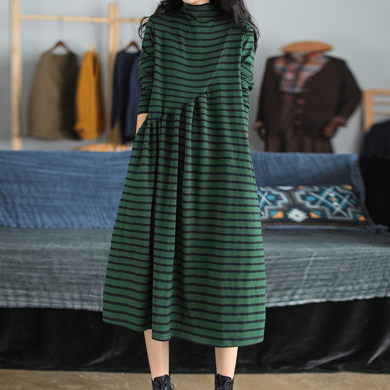 Johnature Autumn Cotton Retro Striped Pockets Turtleneck Pullover Dresses Loose Comfortable Long Sleeve Women Dress 210521, Black
Johnature Autumn Cotton Retro Striped Pockets Turtleneck Pullover Dresses Loose Comfortable Long Sleeve Women Dress 210521, Black