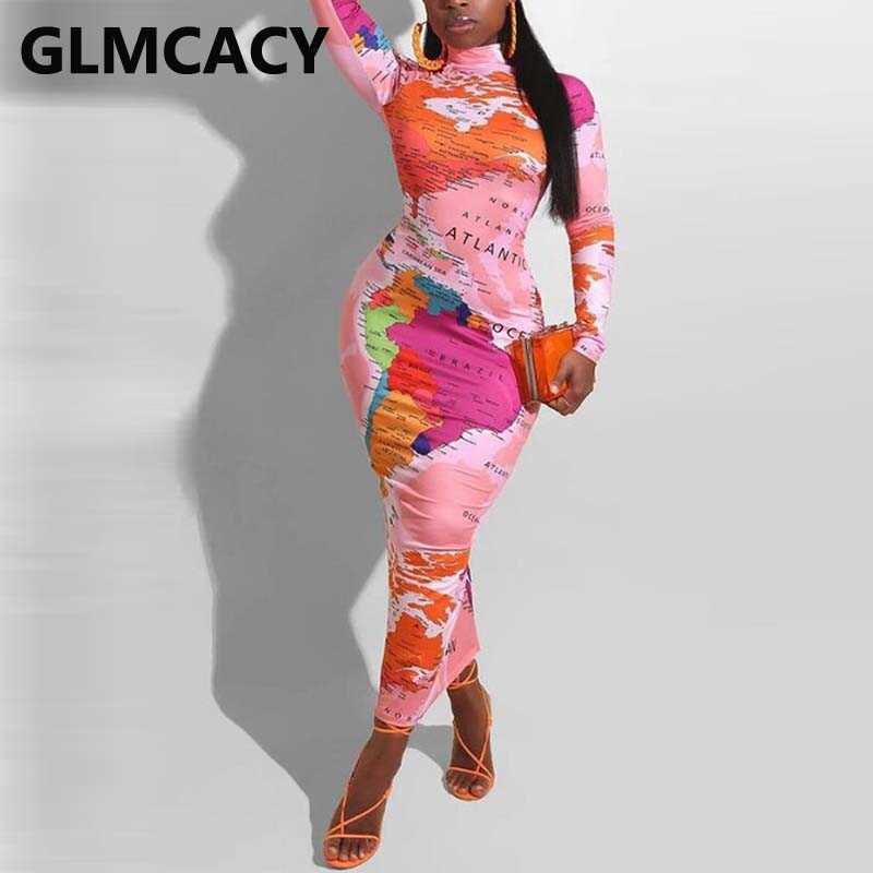 Women World Map Printed Slim Maxi Dress Elegant Long Sleeve Evening Party Pencil Long Dresses Robe 210702
