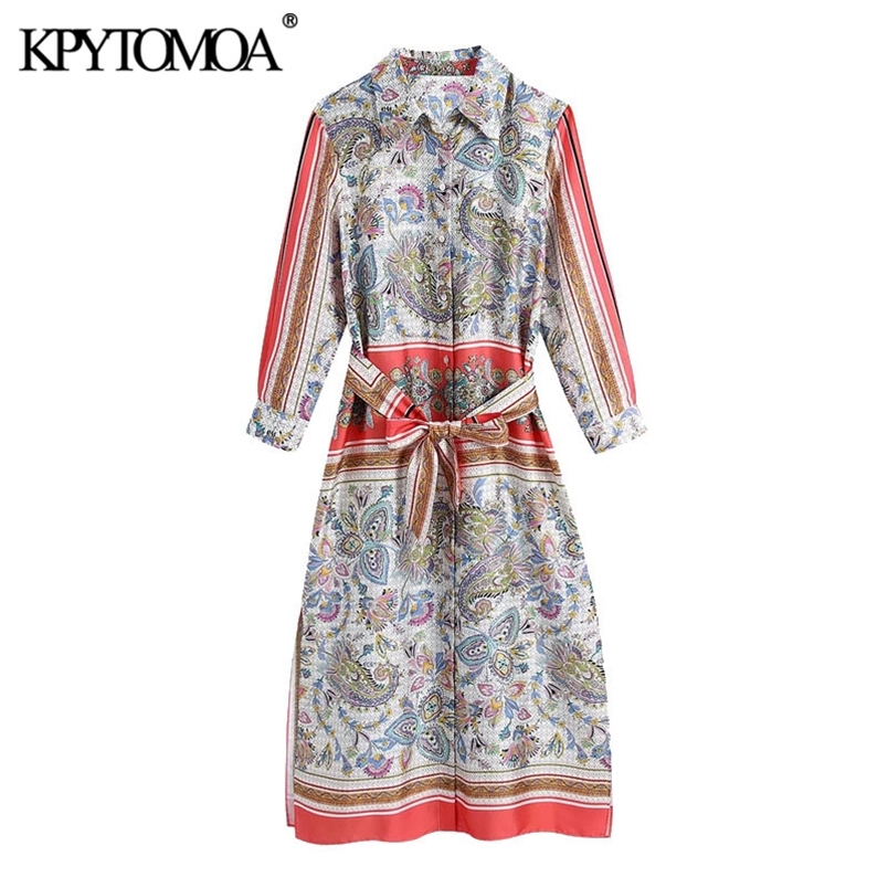 Women Fashion With Belt Paisley Print Midi Shirt Dress Three Quarter Sleeve Button-up Female Dresses Mujer 210420
