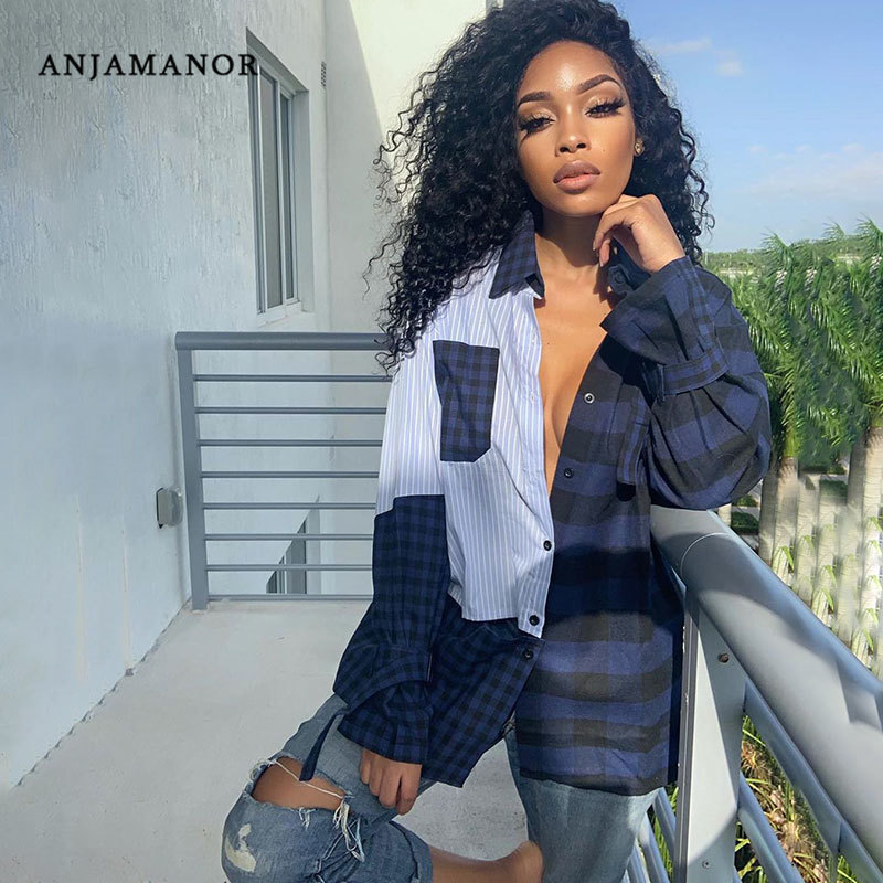 ANJAMANOR Fashion Patchwork Striped Plaid Shirts Casual Loose Long Blouse Women Clothes Sexy Button Up Long Sleeve Tops D22-DC24
ANJAMANOR Fashion Patchwork Striped Plaid Shirts Casual Loose Long Blouse Women Clothes Sexy Button Up Long Sleeve Tops D22-DC24