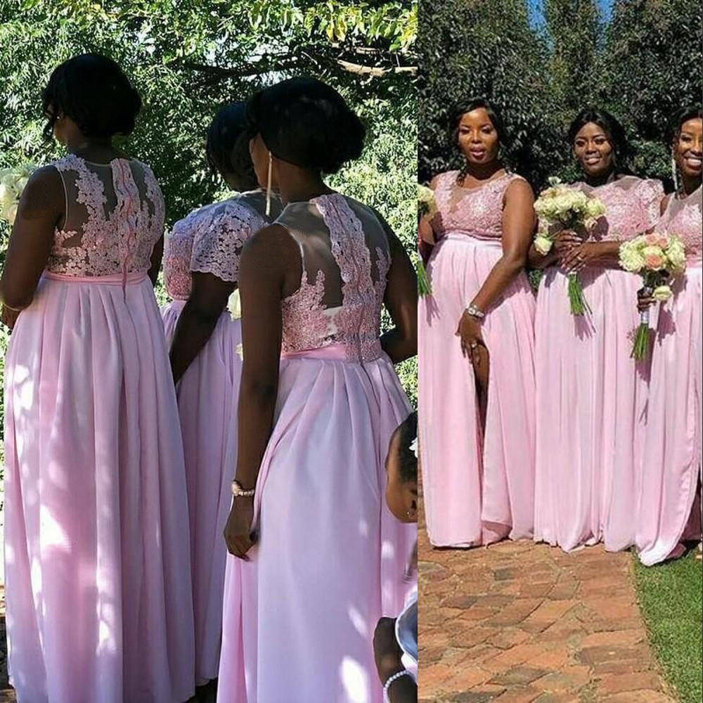 2021 New Sexy Baby Pink African Bridesmaid Dresses Jewel Neck Illusion Lace Chiffon Side Split Long Wedding Guest Gowns Maid Of Honor Dress 0509