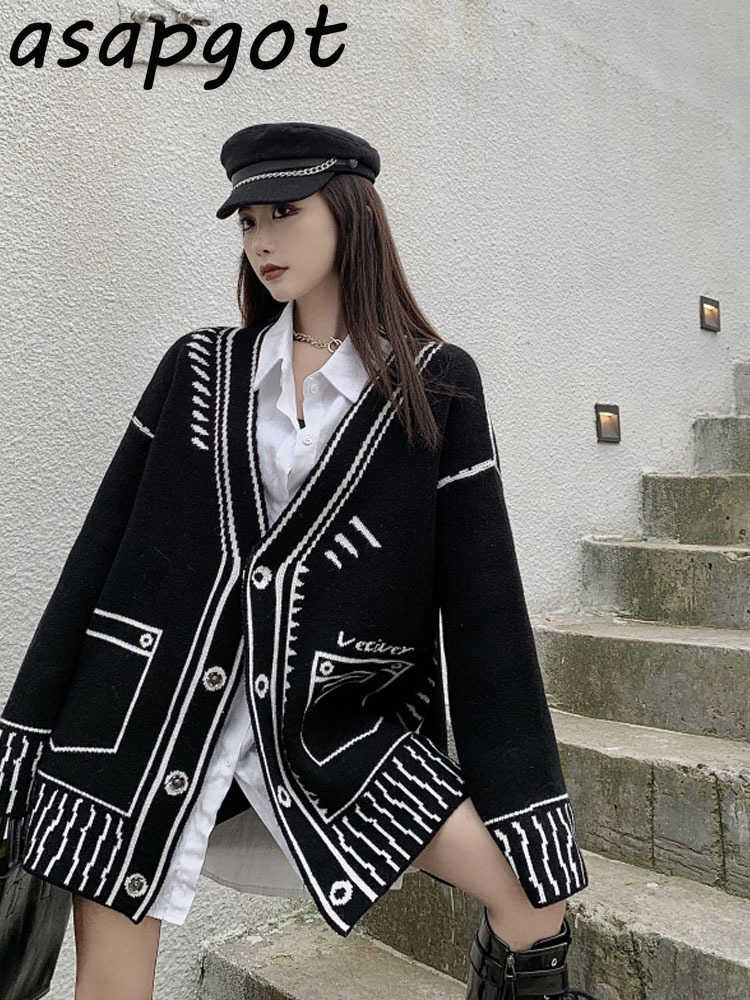 Retro Temperament Loose V Neck Graffiti Cardigan Knitted Jacket Long Autumn Winter Sweaters Tops Fashion Casual Pull 210914