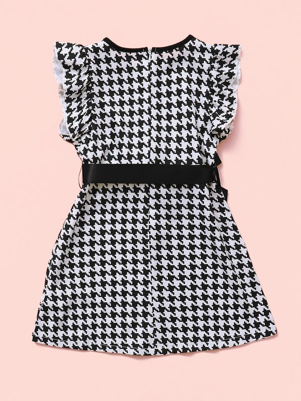 Toddler Girls Ruffle Trim Belted Houndstooth Dress SHE