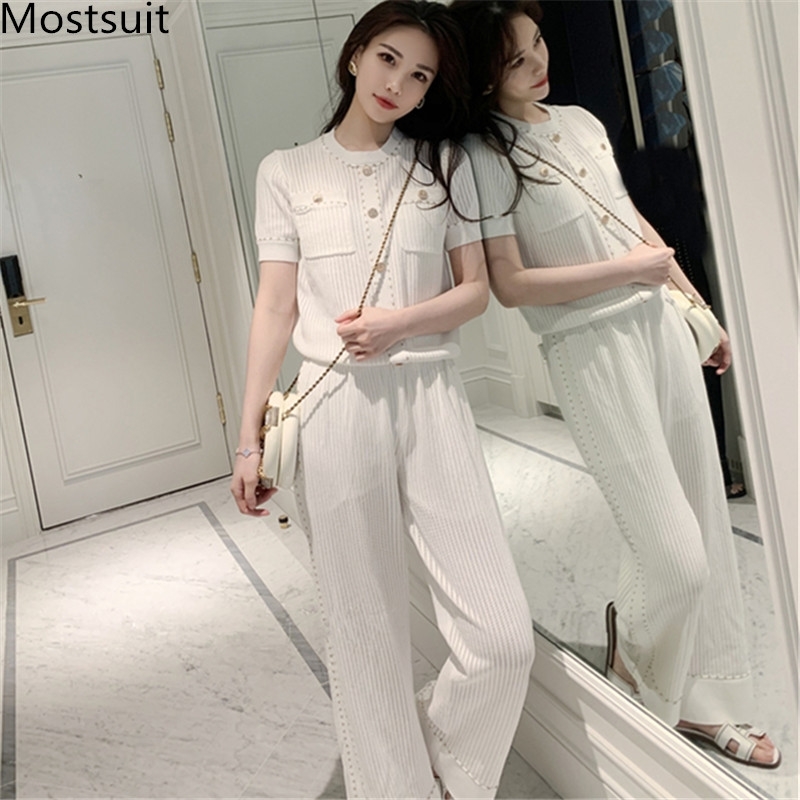 Summer Knitted Elegant 2 Piece Pants Suits Sets Women Short Sleeve Buttons Tops + Wide Leg Fashion Casual 210518, Black
Summer Knitted Elegant 2 Piece Pants Suits Sets Women Short Sleeve Buttons Tops + Wide Leg Fashion Casual 210518, Black