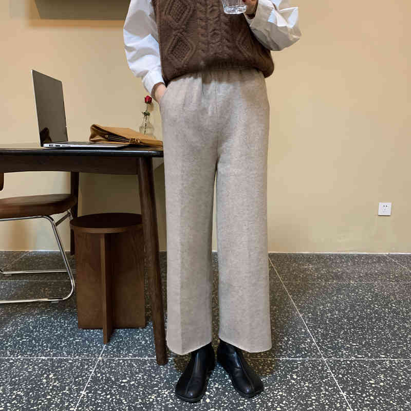 Nomikuma Causal Woolen Women Pants Autumn Winter New Stretch High Waist Ankle Trousers Korean Straight Pants Mujer 6D260 210427