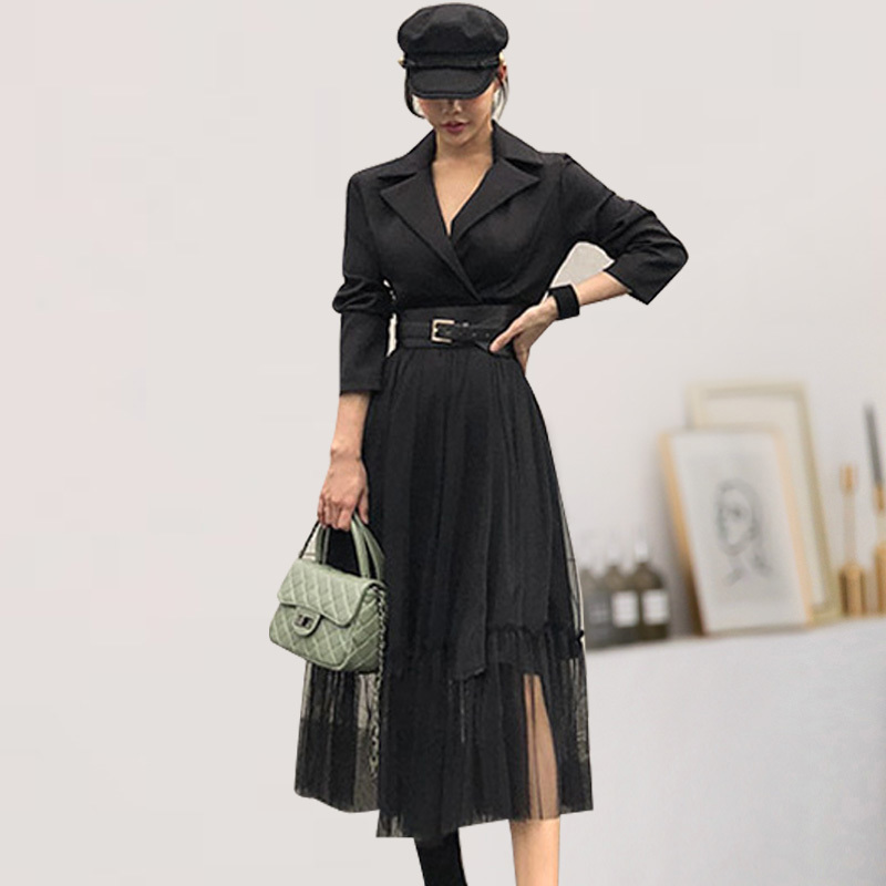 Elegant Blazer Dress Spring Casual Mesh Patchwork Long Sleeve With Belt Big Swing es Vestidos 210520