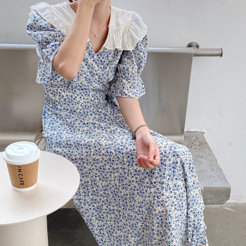 Korea Chic Big Turn Down Collar Long Sleeve Dress Vintage Women Elegant Flower Print High Waist Casual Slim Midi Dress Vestidos 210518