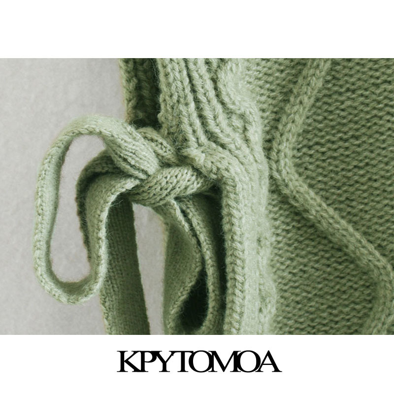 Women Fashion With Bow Tied Cable-knit Vest Sweater High Neck Sleeveless Female Waistcoat Chic Tops 210420