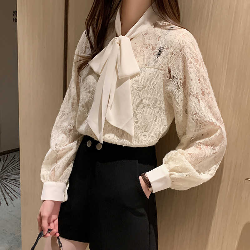 Sweet Bow Tie Autumn Fashion Tops Lace Blouse Women Korean Style Hollow Out Apricot Bottoming Shirt Lantern Sleeve Blusas 12618 210527
Sweet Bow Tie Autumn Fashion Tops Lace Blouse Women Korean Style Hollow Out Apricot Bottoming Shirt Lantern Sleeve Blusas 12618 210527